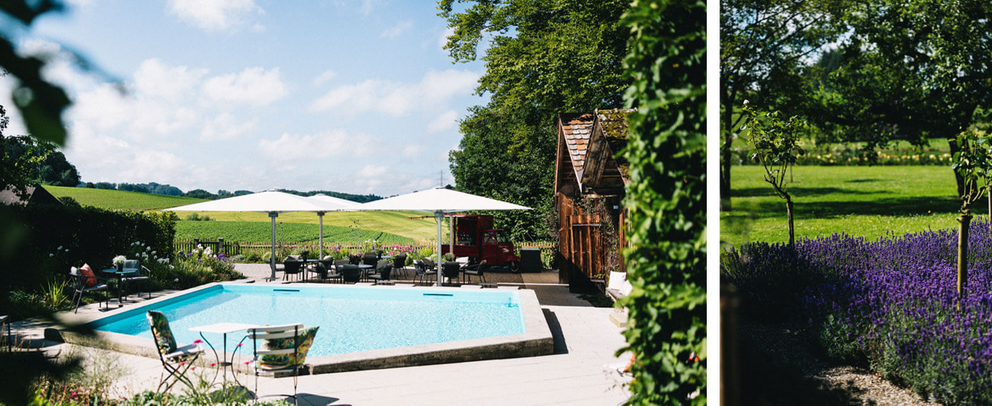 Blick auf den wunderschönen Garten mit Pool und Lavendeld